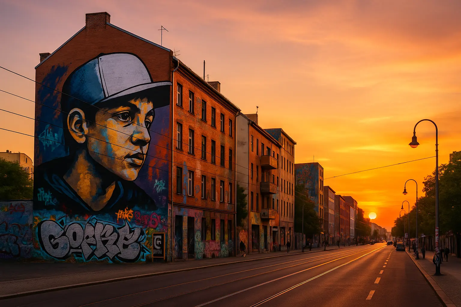 Streetart Berlin Friedrichshain bei Sonnenuntergang